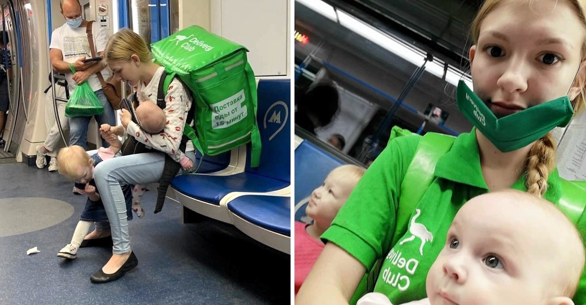 Las fotos virales de una joven que trabaja en una app de delivery y lleva a sus pequeños hijos | Redes