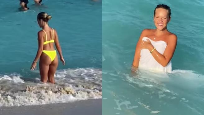 Se quedó desnuda en la playa: su novio le cambió la bikini por una que se disuelve en el agua | Redes