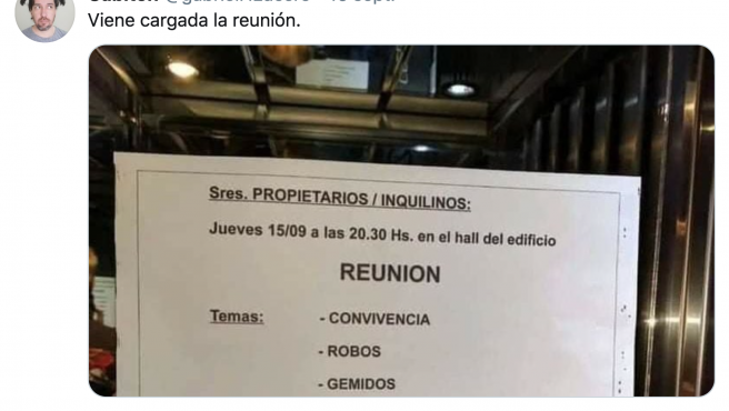 "Convivencia, robos y gemidos": los temas a tratar en una reunión de consorcio que se volvió viral | Redes
