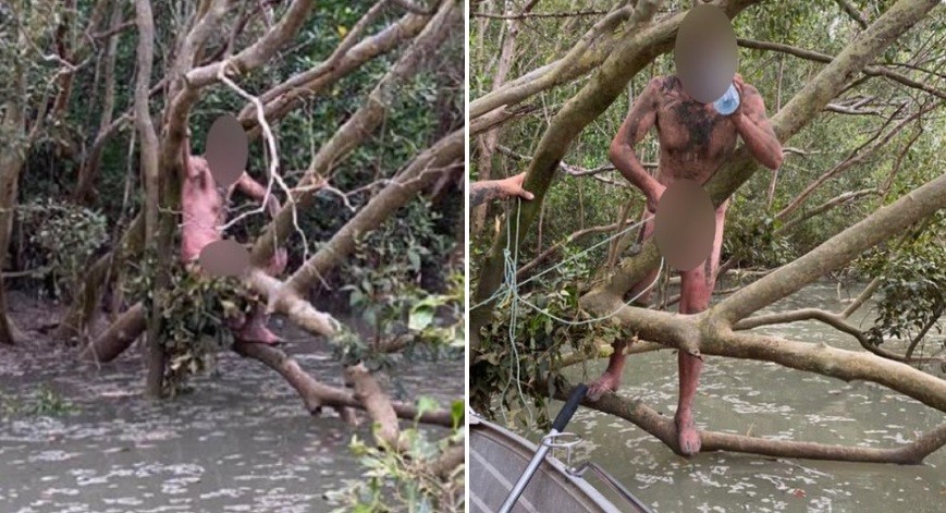 Tras rescatar a un hombre que estaba desnudo en un árbol sobre aguas con cocodrilos, se enteraron que era un fugitivo | Redes