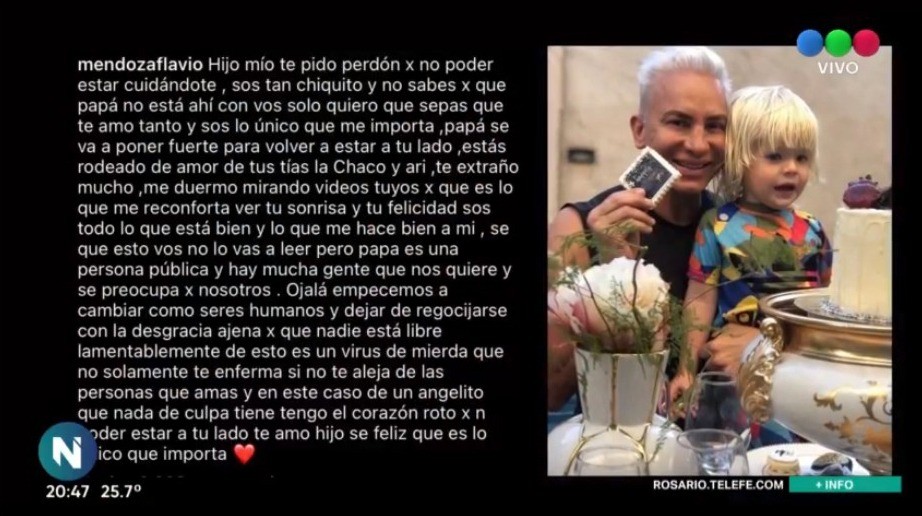 La conmovedora carta que Flavio Mendoza le escribió a su hijo tras su internación por covid | Espectaculos