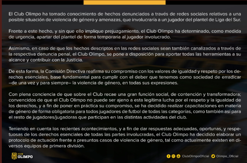 Olimpo de Bahía Blanca decidió separar a un futbolista denunciado por violencia de género en redes sociales | Deportes
