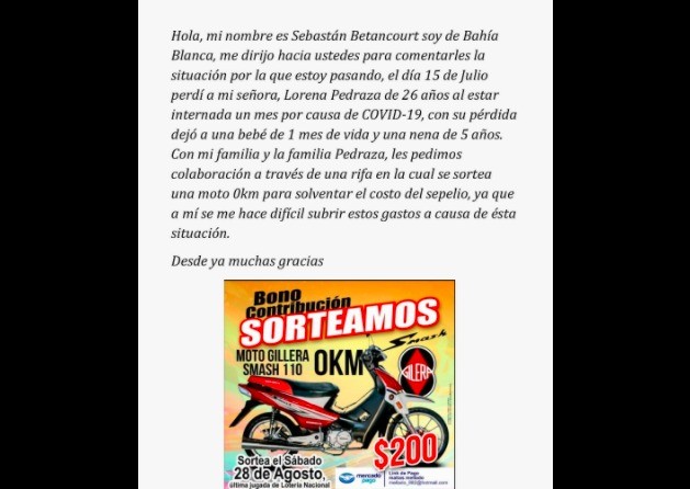 Perdió a su mujer por coronavirus y organiza un sorteo para poder pagar su sepelio | Nacionales