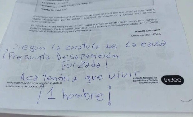 "Acá tendría que vivir un hombre": la nota que dejó el hijo de Julio López al censista | Nacionales