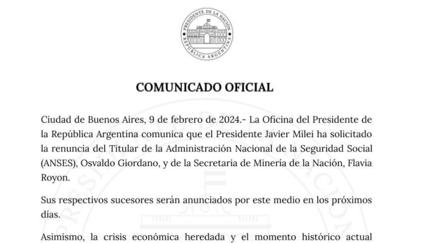 Milei le pidió la renuncia a Giordano, titular de ANSES y a Flavia Royon, secretaria de Minería | Nacionales