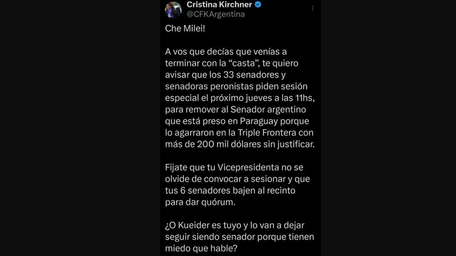 Cristina y un dardo a Milei por Kueider: "¿Tienen miedo que hable? | Información General