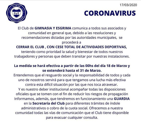 Cese total de actividades en el club Gimnasia y Esgrima | Noticias