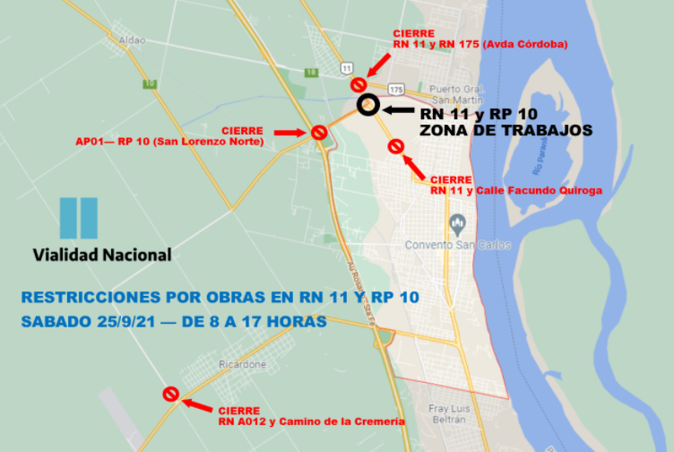 Desvíos por arreglos en la RN 11 y RP 10 a la altura de San Lorenzo | Información General