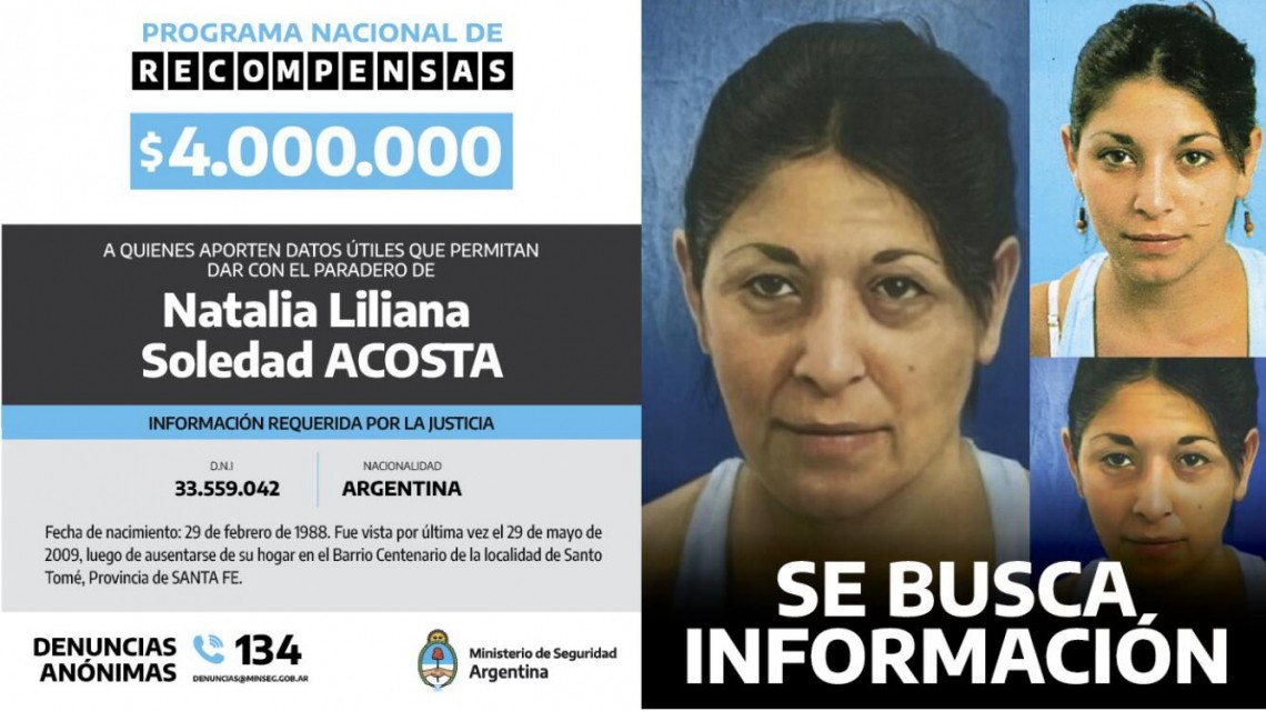 Se ofrece recompensa a quienes aporten datos sobre Natalia Liliana Soledad Acosta | Información General