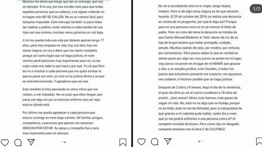 La carta que publicó en Instagram la hija de Carlos Baldomir tras la condena a su padre