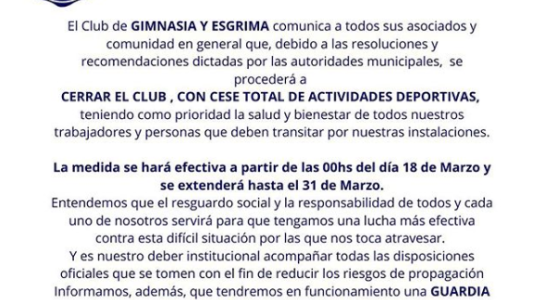 Cese total de actividades en el club Gimnasia y Esgrima