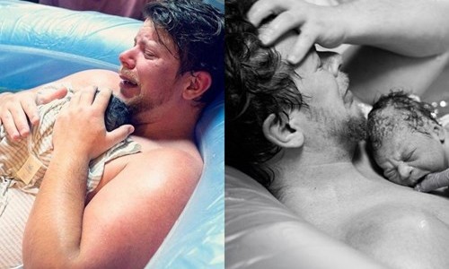 Un hombre trans dio a luz en una pileta: las fotos del parto