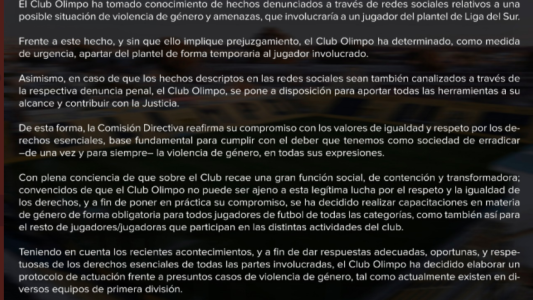 Olimpo de Bahía Blanca decidió separar a un futbolista denunciado por violencia de género en redes sociales