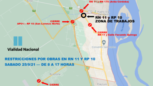 Desvíos por arreglos en la RN 11 y RP 10 a la altura de San Lorenzo