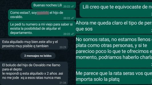 "A estos ratas nunca más": le consultaron por su departamento en alquiler y se confundió de chat