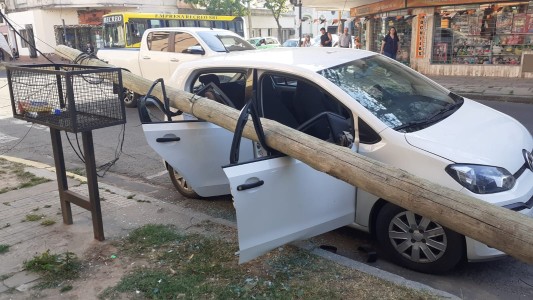 Cayó un poste de luz sobre un auto y su dueña se salvó de milagro